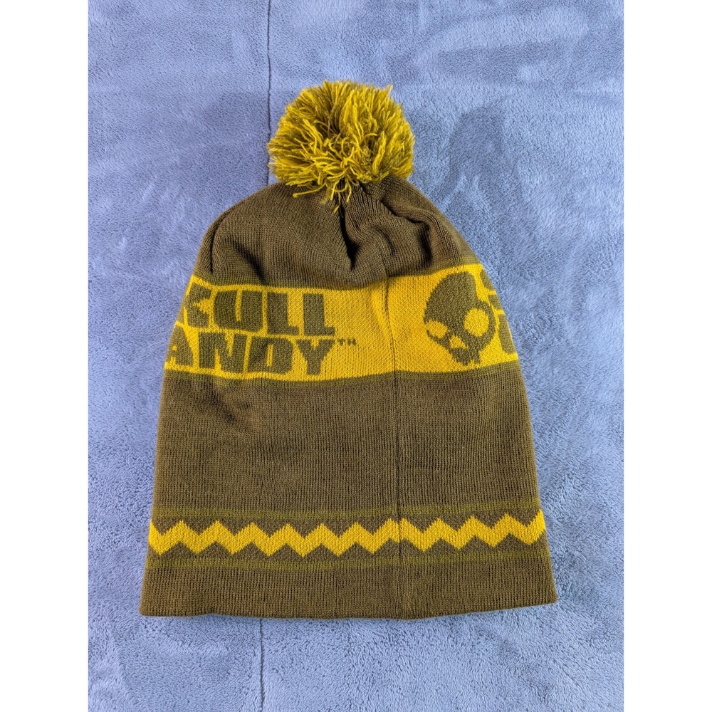 Skullcandy Beanie Hat Olive Green Yellow Pom Pom Knit Logo Zigzag Pattern